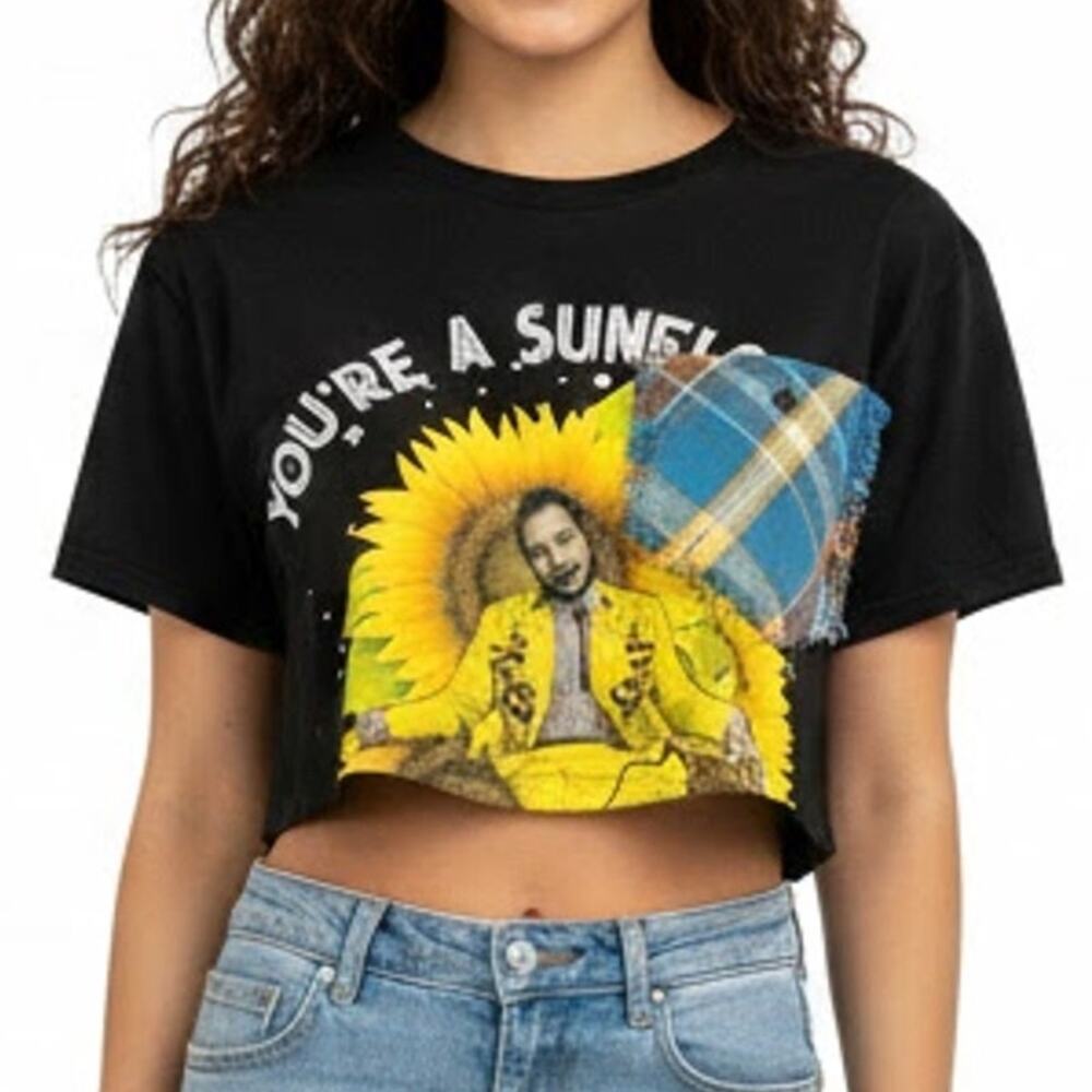 Post Malone Black Yellow Sunflower Cropped Pocket Upcycled Tee size S RCNSTRCT